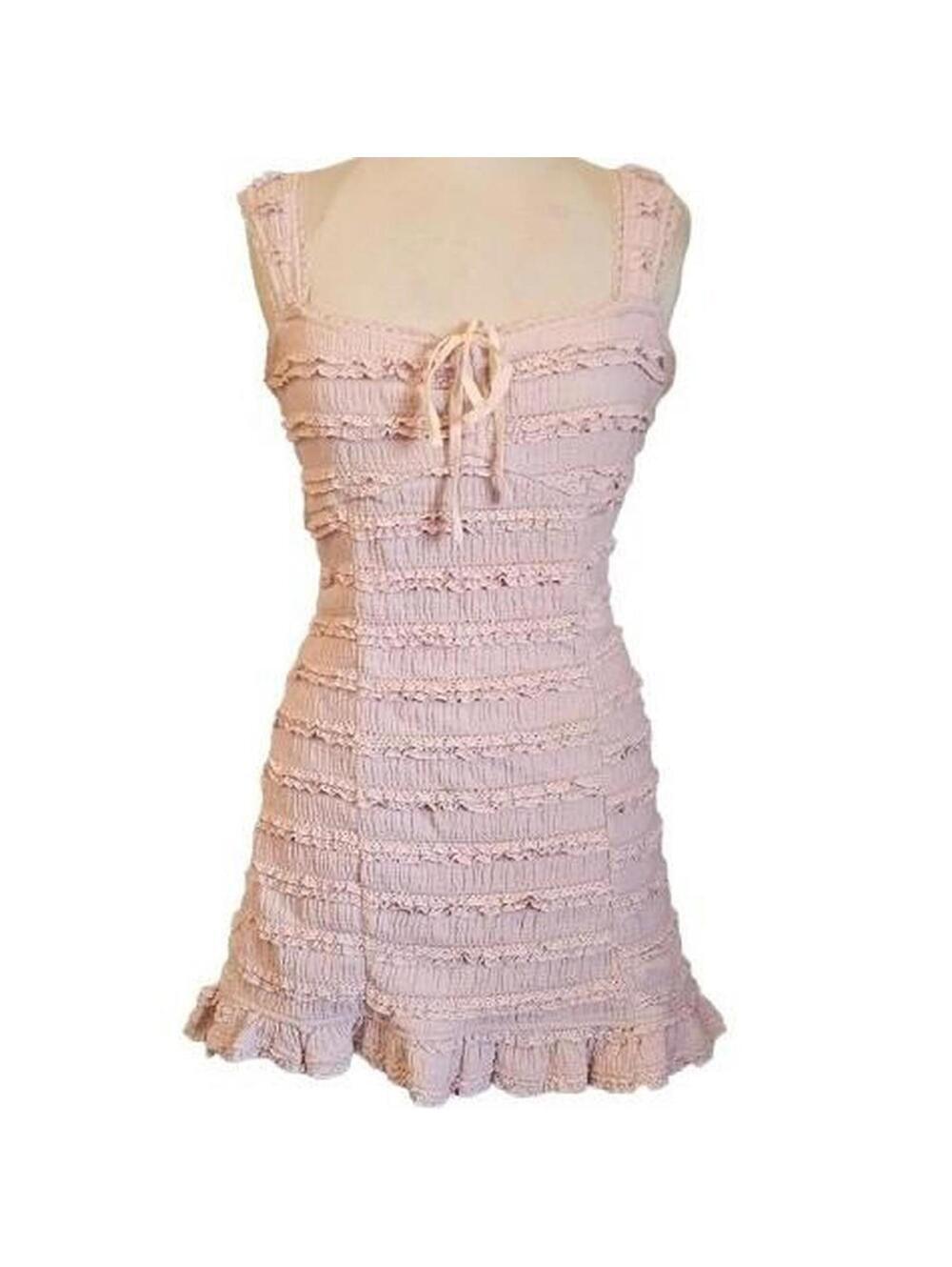 Pink cream ruffle mini dress sweetheart neckline, large, fairy, coquette, dolly